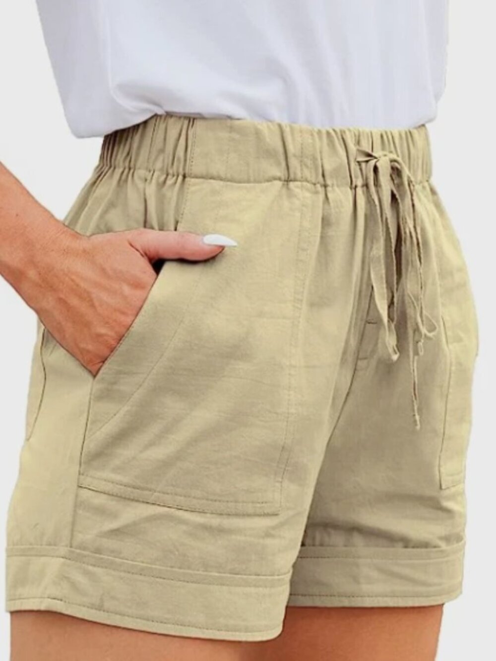 Women's Drawstring Casual Elastic Waist Pocketed Loose Fit Shorts Beige 27Wx3L